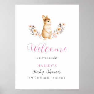 Affiche Lapin Rose Mignon Fleur Sauvage Bienvenue Baby Sho