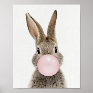 Affiche Lapin soufflant un bubble gum rose