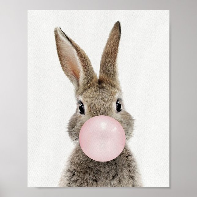 Affiche Lapin soufflant un bubble gum rose  (Devant)