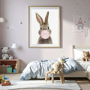 Affiche Lapin soufflant un bubble gum rose