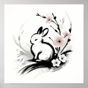 Affiche Lapin Zen Minimaliste de Printemps Cerisier en Fle