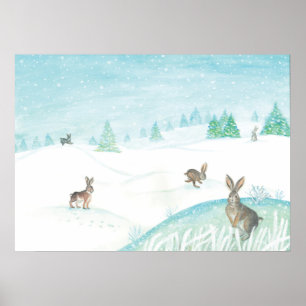 Affiche Lapins Assis Et Saut Sur Neige