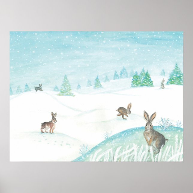 Affiche Lapins Assis Et Saut Sur Neige (Devant)