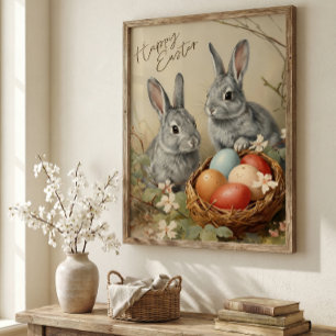 Affiche Lapins de Pâques heureux avec des œufs de Pâques d