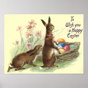 Affiche Lapins de Pâques Marron Vintage dans un Panier, ZS