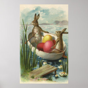 Affiche Lapins de Pâques victoriens vintages dans un