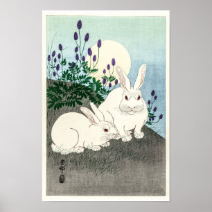 Affiche Lapins en pleine lune - Ohara Koson
