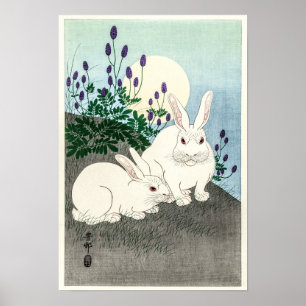 Affiche Lapins en pleine lune - Ohara Koson