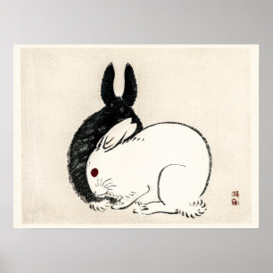Affiche Lapins noirs et blancs vintage par Kōno Bairei