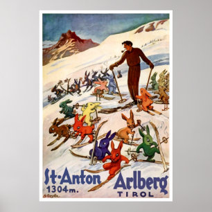 Affiche Lapins qui skient à St. Anton, Tyrol, Autriche