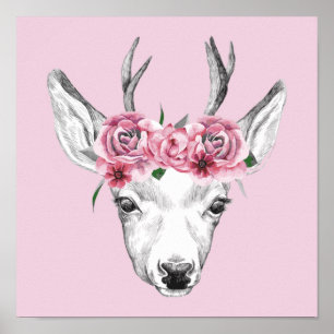 Affiche L'aquarelle fleurit des cerfs communs
