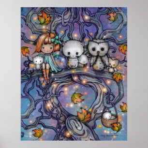 Affiche L'Arbre d'Automne - Chats Hiboux Art Féerique