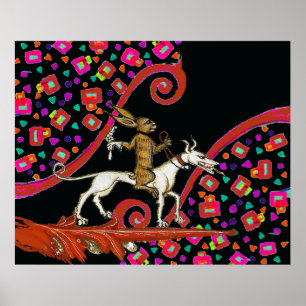 Affiche LARGE BESTIAIRE MÉDIÉVAL Lapin chevauchant un chie