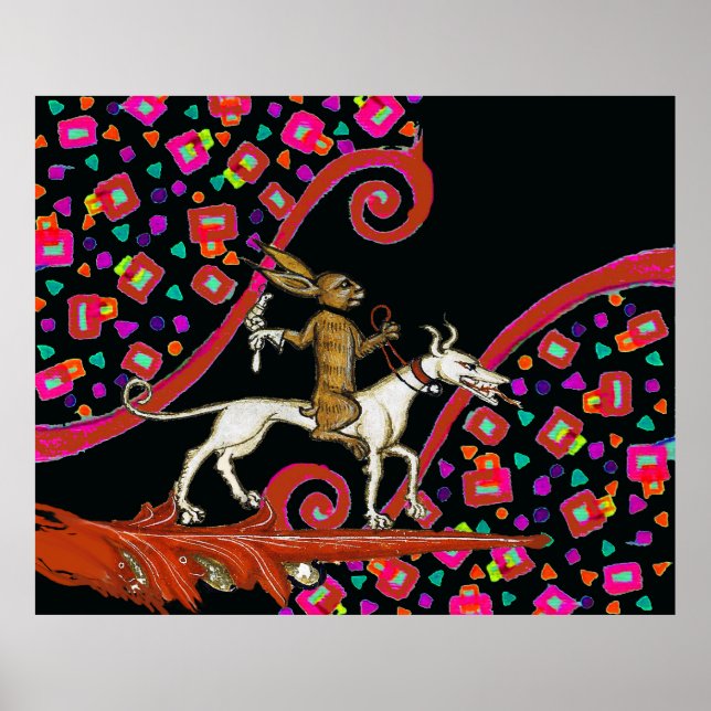 Affiche LARGE BESTIAIRE MÉDIÉVAL Lapin chevauchant un chie (Devant)