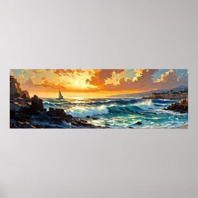 Affiche Large Mer Méditerranée coucher de soleil doré (Devant)