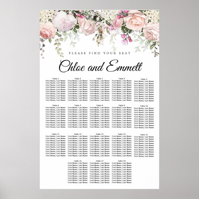 Affiche Large Pink Floral 18-Table Wedding Seating Chart (Devant)