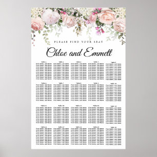 Affiche Large Pink Floral 20-Table Wedding Seating Chart