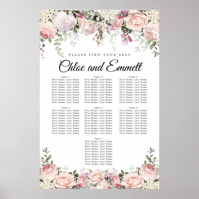 Affiche Large Pink Floral 7-Table Wedding Seating Chart (Devant)