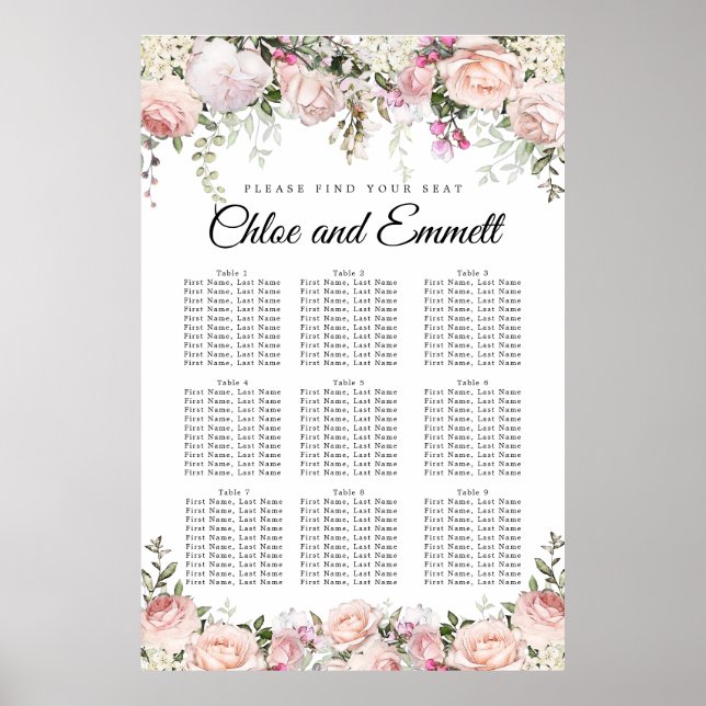 Affiche Large Pink Floral 9-Table Wedding Seating Chart (Devant)