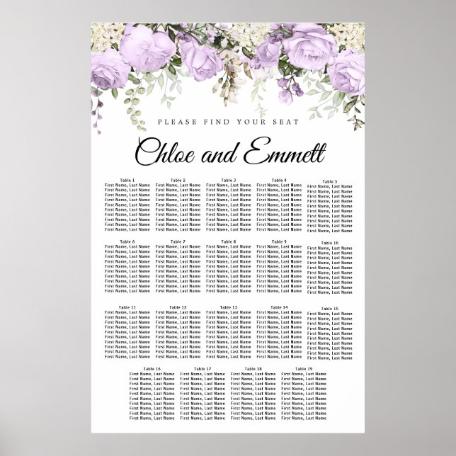 Affiche Large Purple Floral 19-Table Wedding Seating Chart (Devant)