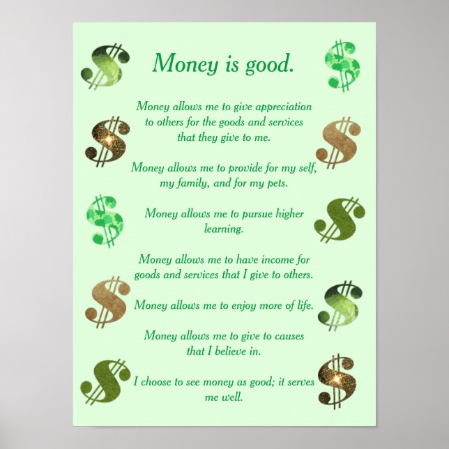 Affiche L'argent est bon, affirmations positives signes de (Devant)