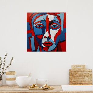 Affiche L'art Abstrait de la face bleue et rouge