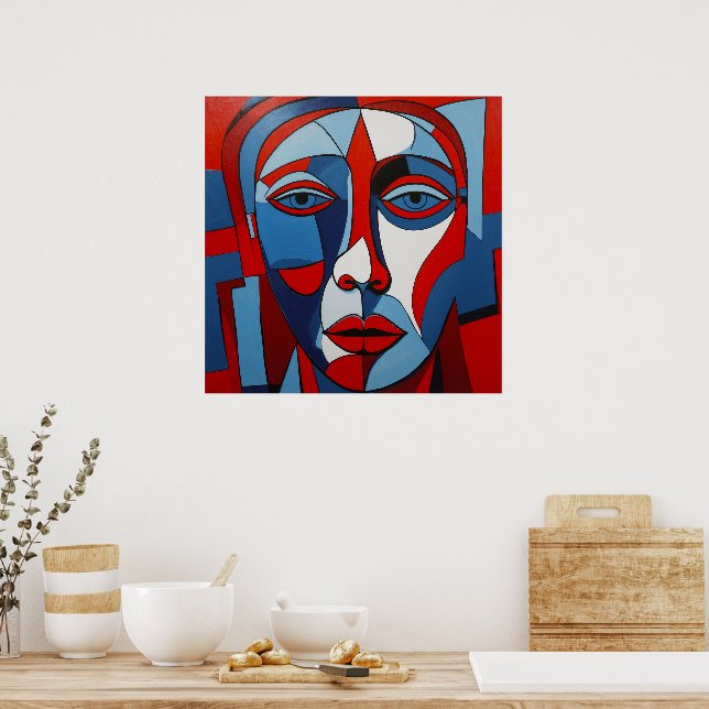 Affiche L'art Abstrait de la face bleue et rouge (Cuisine)