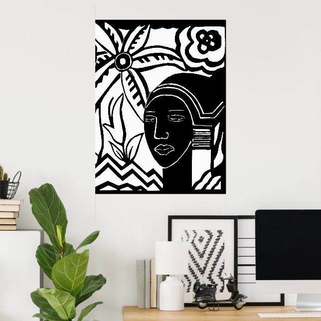 Affiche l'art abstrait de l'encre noire des femmes africai (Bureau à domicile)