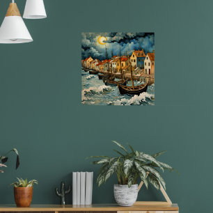 Affiche L'art captivant des pêcheurs dans la nuit orageuse