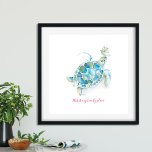 Affiche L'art de l'aquarelle de la grande tortue de mer<br><div class="desc">Mon style d'île tropicale peint à la main aquarelle art est parfait pour votre chalet de plage maison. Il dispose d'une tortue de mer bleu turquoise et vert avec les mots This Is My Beach Place dans la tendance écriture manuscrite typographie de style en rouge. Mur-art proclame et oeuvre d'art...</div>
