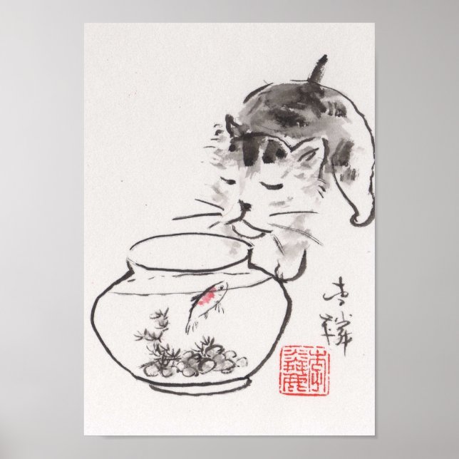 Affiche L'art de Lin Li Imprimer : Chat et Godfish (Devant)