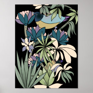 Affiche L'art du jardin fleuri aux oiseaux Abstrait