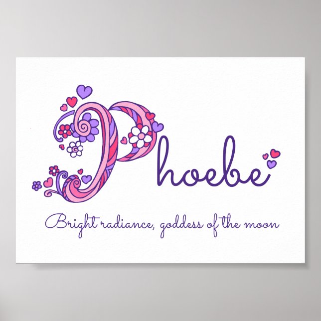 Affiche L'art du nom de Phoebe avec l'initiale P et un cœu (Devant)