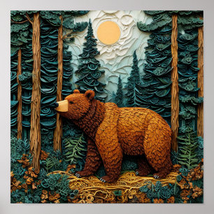 Affiche L'art en papier découpé d'ours grizzly 🐻 Nature d