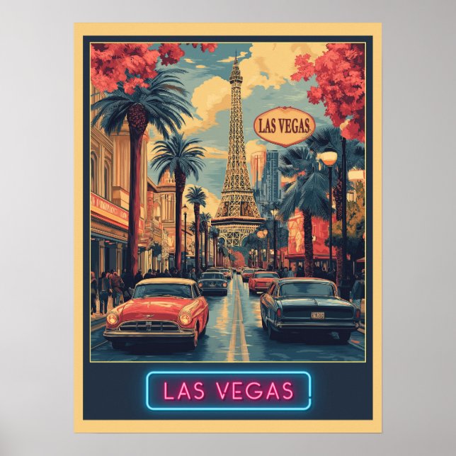Affiche Las Vegas Cityscape avec Tour Eiffel - Rétro (Devant)