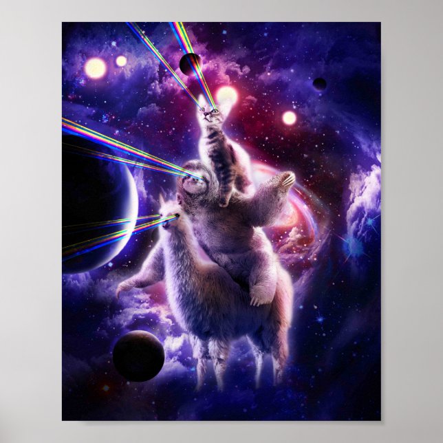 Affiche Laser Eyes Space Cat Riding Sloth Llama - Arc en c (Devant)