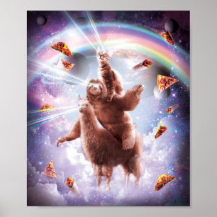 Affiche Laser Eyes Space Cat Riding Sloth, Llama - Rainbow