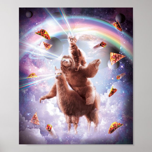Affiche Laser Eyes Space Cat Riding Sloth, Llama - Rainbow (Devant)