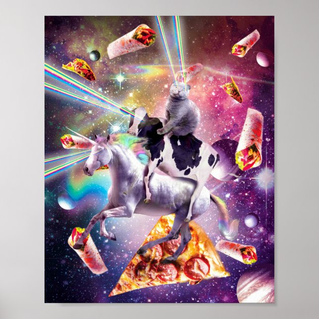 Affiche Laser Eyes Space Cat Sur Vache Unicorne - Arc-en-c (Devant)