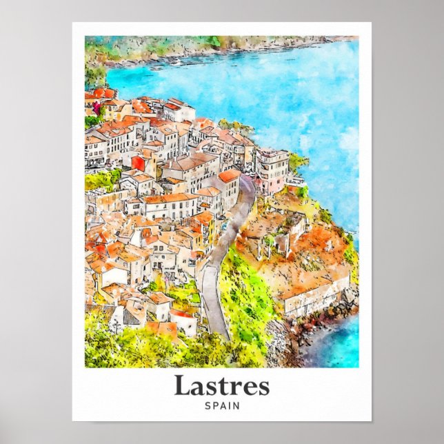 Affiche Lastres Espagne Voyage Aquarelle main tirée (Devant)