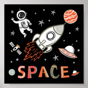 Affiche L'astronaute spatiale lance des roquettes sur des