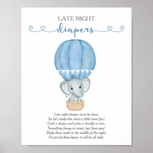Affiche Late Night Diapers Blue Elephant Baby shower Jeu