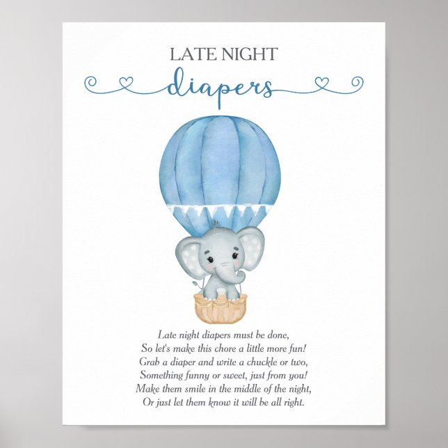 Affiche Late Night Diapers Blue Elephant Baby shower Jeu (Devant)