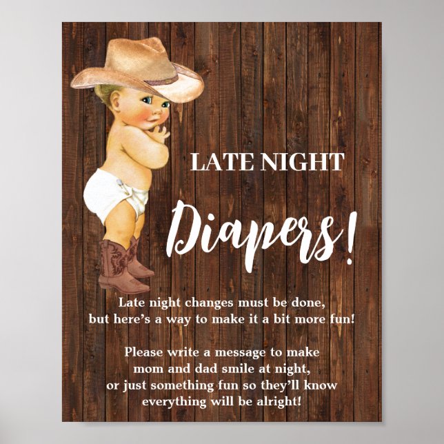 Affiche Late Night Diapers Game Cowboy Baby Shower Sign (Devant)