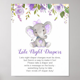 Affiche Late Night Diapers Signale Elephant Baby shower Gi