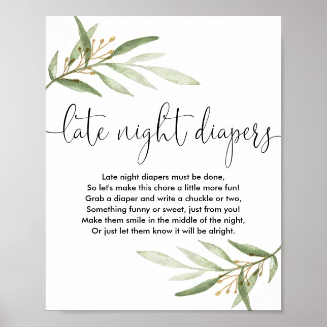 Affiche Late nuit couches baby shower jeu verdure or (Devant)