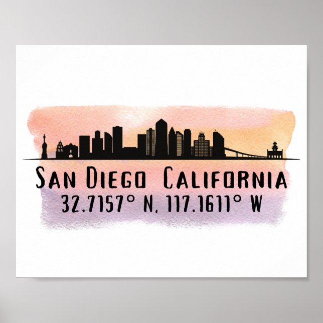 Affiche Latitude et longitude de San Diego City Skyline (Devant)