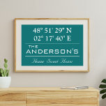 Affiche Latitude personnalisée Longitude Nom de famille Ad<br><div class="desc">Décor de la Latitude Longitude Une façon unique de présenter l'emplacement de votre maison. Customisez-le avec n'importe quelle couleur arrière - plan. Un cadeau parfait pour le ménage. Pour trouver la latitude et la longitude de votre maison, veuillez copier et coller ce lien à votre navigateur et suivre les instructions....</div>