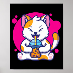 Affiche Laughing Cat Neko Kawaii Boba Tea In Anime Style 