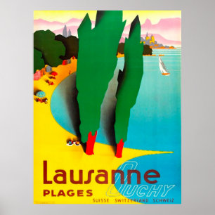 Affiche Lausanne, plage du lac Léman, Suisse
